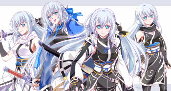 4girls age_progression aged_down artist_name bare_shoulders black_scarf black_thighhighs blue_bow blue_eyes blue_necktie bob_cut border bow breasts bridal_gauntlets closed_mouth clothing_cutout coat crossed_bangs double-parted_bangs eiyuu_densetsu floating_clothes floating_hair grey_border hair_between_eyes hair_bow half_updo highres holding holding_sword holding_weapon kai_no_kiseki katana kuro_no_kiseki kuro_no_kiseki_(series) kuro_no_kiseki_i kuro_no_kiseki_ii large_breasts long_hair looking_at_viewer loose_necktie multiple_girls necktie official_alternate_costume open_clothes open_coat open_mouth pommel_tassel scarf shizuna_rem_misurugi simple_background sleeveless small_breasts smile sword tassel thigh_cutout thighhighs upper_body weapon white_background white_hair wing_collar xiacheng_tatsuya