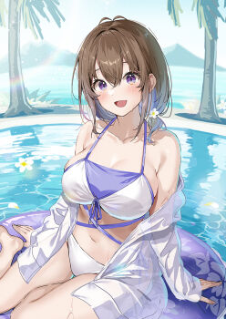 1girl bare_shoulders beach bikini blush breasts brown_hair cleavage collarbone day flower hair_between_eyes hair_flower hair_ornament hawawa-chan_(sirokuma_shake) innertube jacket large_breasts looking_at_viewer navel ocean open_clothes open_jacket open_mouth original outdoors palm_tree pool poolside purple_eyes see-through_clothes sirokuma_shake smile solo stomach swim_ring swimsuit tree water white_bikini white_jacket