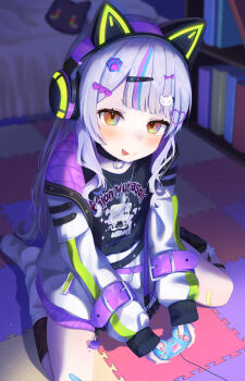 >:p 1girl absurdres animal_ear_headphones animal_ears asymmetrical_legwear bandaid bandaid_on_knee bandaid_on_leg bedroom black_choker black_shirt black_socks blunt_bangs blush bookshelf cat_ear_headphones cat_ears cat_hair_ornament choker commentary_request controller dark_room decora fake_animal_ears fishnet_socks fishnets full_body game_controller grey_hair hair_ornament hairclip headphones heart heart_hair_ornament highres holding holding_controller holding_game_controller hololive indoors jacket kneehighs long_hair looking_at_viewer miniskirt mismatched_legwear multicolored_hair murasaki_shion murasaki_shion_(8th_costume) no_shoes official_alternate_costume official_alternate_hairstyle paw_hair_ornament pleated_skirt purple_hair purple_jacket ramuneru shirt short_eyebrows single_kneehigh single_loose_sock single_sock sitting skirt smug socks solo streaked_hair t-shirt two-sided_fabric two-sided_jacket virtual_youtuber wariza wavy_hair white_skirt white_socks yellow_eyes