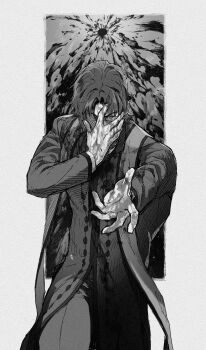 1boy blood blood_on_clothes blood_on_face blood_on_hands cowboy_shot fate/grand_order fate_(series) ggamegv greyscale grigori_rasputin_(fate) hand_over_face highres kotomine_kirei long_sleeves male_focus monochrome outstretched_hand priest short_hair solo stole