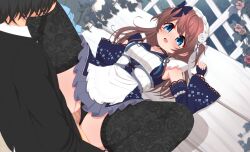 Rule 34 | 1boy, 1girl, absurdres, black choker, black panties, black thighhighs, blue bow, blue eyes, blue gloves, blue sleeves, blush, bow, breasts, brown hair, censored, choker, clothed sex, clothing aside, detached sleeves, dress, feet out of frame, fingerless gloves, fishnet thighhighs, fishnets, flower, frilled dress, frills, fujigaya arctia, gloves, hair bow, hair flower, hair ornament, hetero, highres, lace thighhighs, long hair, looking at another, lying, mahjong soul, maid, maid headdress, missionary, mosaic censoring, on back, open mouth, panties, panties aside, penis, pink flower, pink rose, plant, pussy, rose, sex, shinomiya fuyumi, short dress, sleeveless, sleeveless dress, small breasts, solo focus, spread legs, textless version, thighhighs, underwear, vaginal, variant set, vines, white flower, white rose
