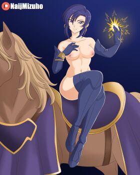 1girl blue_gloves boots breasts earrings elbow_gloves fire_emblem fire_emblem:_the_blazing_blade gloves highres horse jewelry looking_at_viewer magic medium_breasts naijmizuho nintendo nipples nude smile solo tagme thigh_boots thighhighs ursula_(fire_emblem)