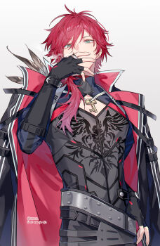 1boy anchun_(quail0503) arm_belt artist_name belt brown_feathers cigarette cleavage_cutout clothing_cutout coat covered_mouth cowboy_shot feathers fingerless_gloves fingernails gloves green_eyes grey_belt hand_on_own_hip highres holding holding_cigarette key long_hair long_sleeves looking_at_viewer male_focus original red_hair smoke smoking solo two-sided_coat two-sided_fabric white_background