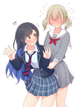 2girls absurdres azusawa_kohane black_hair black_jacket blazer blonde_hair blue_hair blue_skirt blush commentary_request dry_humping gradient_hair grey_serafuku grey_shirt grey_skirt heart highres humping jacket long_hair masurao19 multicolored_hair multiple_girls neckerchief necktie no_eyes open_mouth orange_eyes plaid_clothes plaid_skirt pleated_skirt project_sekai red_neckerchief sailor_collar school_uniform serafuku shiraishi_an shirt simple_background skirt striped_necktie sweat twintails white_background white_sailor_collar white_shirt yuri