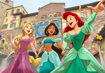 3girls absurdres aladdin_(movie) aqua_pants aqua_shirt arabian_clothes ariel_(disney) arm_up bare_shoulders black_hair blonde_hair blurry blurry_background braid breasts city closed_eyes collarbone crop_top d74335631 dark-skinned_female dark_skin day disney disney_princess dress earrings eyeshadow falling_flower falling_petals flower gold_earrings green_dress green_eyes hair_flower hair_ornament hand_up happy highres holding_hands jasmine_(disney) jewelry juliet_sleeves lips lipstick long_dress long_hair long_sleeves looking_at_another looking_up makeup medium_breasts midriff multi-tied_hair multiple_girls navel neck off-shoulder_dress off_shoulder open_mouth outdoors pants parted_bangs petals pink_lips pink_sleeves pointing puffy_long_sleeves puffy_sleeves purple_dress purple_lips rapunzel_(disney) red_hair red_lips round_teeth see-through_clothes see-through_sleeves shell shell_earrings shirt single_braid small_breasts smile swept_bangs tangled teeth the_little_mermaid_(disney) upper_teeth_only very_long_hair waving
