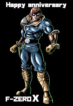 1boy anniversary belt belt_buckle biceps black_background black_belt blue_bodysuit bodysuit boots buckle buttons captain_falcon clenched_hands closed_mouth commentary_request english_text f-zero f-zero_x full_body gloves gold_boots green_highlights helmet highres holster imamura_takaya knee_boots looking_at_viewer male_focus muscular muscular_male nintendo red_helmet scarf serious simple_background solo standing v-shaped_eyes yellow_gloves yellow_scarf