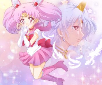 1990s_(style) 1boy 1girl albino bindi bishoujo_senshi_sailor_moon bishoujo_senshi_sailor_moon_s bishoujo_senshi_sailor_moon_supers bishounen boots bow brooch chibi_usa choker cone_hair_bun double_bun earrings elbow_gloves feathers full_body gloves gongitsune gongitsune_(gongitune2) hair_bun hair_ornament hairpin heart heart_brooch helios_(sailor_moon) horns jewelry knee_boots magical_girl own_hands_clasped own_hands_together pink_boots pink_hair red_eyes retro_artstyle ribbon sailor_chibi_moon sailor_collar short_hair single_horn smile sparkle tiara twintails white_gloves white_hair