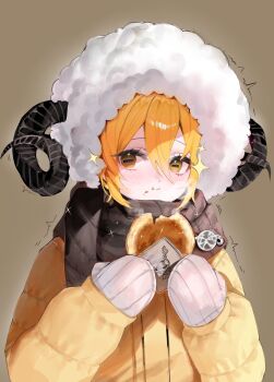 1girl blonde_hair brown_background brown_scarf chewing closed_mouth don_quixote_(project_moon) eating food fur_hood hair_between_eyes heishou_pack-wei_branch_(identity)_(project_moon) highres holding holding_food horns hotteok_(food) jacket limbus_company mittens project_moon rectangular_pupils scarf sheep_girl sheep_horns smile solo sparkle trembling upper_body white_mittens yellow_eyes yellow_jacket yuchan_00001