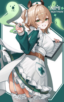 1girl absurdres animal_ears apron belt blush brown_belt buttoned_cuffs buttons character_name clipboard commentary dress english_commentary garter_straps green_dress green_eyes grin hair_ribbon hat highres holding holding_pen indie_virtual_youtuber long_sleeves looking_at_viewer medium_hair naplings_(nimi_nightmare) nimi_nightmare nimi_nightmare_(1st_costume) nurse nurse_cap one_side_up pen red_nails ribbon smile solo standing tapir_ears tapir_girl thighhighs virtual_youtuber white_apron white_thighhighs wuku_(5kukuu)