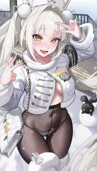 1girl :d absurdres armband black_armband blanc_(fortune_express)_(nikke) blanc_(nikke) boots breasts coat commentary_request fang fur-trimmed_boots fur-trimmed_collar fur_trim goddess_of_victory:_nikke hair_intakes hair_ornament high-waist_pantyhose highres official_alternate_costume official_alternate_hairstyle open_mouth panties panties_under_pantyhose pantyhose pom_pom_(clothes) pom_pom_hair_ornament see-through_pantyhose sehyang skin_fang smile snow solo thighs underboob underwear white_hair white_nails winter_clothes winter_coat yellow_eyes