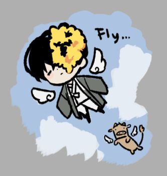 1boy black_hair chibi closed_eyes closed_mouth coat commentary cow dated_commentary e.g.o_(project_moon) flower fly_my_wings flying full_body grey_coat hanbok korean_clothes limbus_company mili_(band) mini_wings official_art project_moon solo spicebush_(e.g.o) technology_liberation_alliance_(identity)_(project_moon) white_hanbok white_wings wings yellow_flower yi_sang_(project_moon)