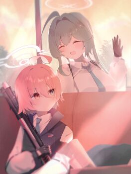 2girls ahoge black_gloves black_vest blue_archive blue_necktie chest_harness closed_eyes closed_mouth fingerless_gloves gloves glowing glowing_halo green_halo gun halo harness heterochromia highres holding holding_weapon hoshino_(blue_archive) long_hair looking_at_another multiple_girls necktie open_mouth pink_hair shirt short_hair shotgun sunlight tyonar22 vest weapon white_shirt yume_(blue_archive)