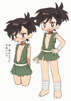 1girl barefoot batrobin_k black_hair blush brown_eyes dororo_(character) dororo_(tezuka) dual_persona fang flat_chest highres navel ponytail short_hair simple_background skin_fang sweat taped_arms taped_legs white_background