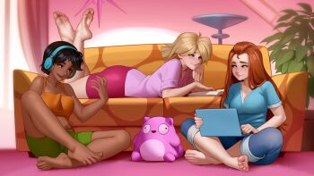 3girls absurdres air_guitar alex_(totally_spies) barefoot black_hair blonde_hair blue_eyes blue_pants blue_shirt blush book clover_(totally_spies) commentary commission computer couch curtains dark-skinned_female dark_skin english_commentary feet feet_up green_shorts hand_up headphones highres indian_style indoors kairunoburogu lapels laptop long_hair looking_at_another lying medium_hair multiple_girls notched_lapels on_couch on_floor on_stomach open_book pants parted_lips pink_shirt pink_skirt plant potted_plant reading red_hair sam_(totally_spies) second-party_source shirt short_sleeves shorts sitting skirt smile soles stuffed_animal stuffed_cat stuffed_toy thick_eyebrows thighs toenails toes totally_spies v-neck window