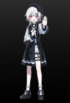 1girl absurdres belt beret black_background black_belt black_dress black_hat black_shoes blush bow center_frills dress frills full_body hair_ornament hat highres long_sleeves looking_at_viewer mahou_shoujo_no_majo_saiban open_mouth outstretched_arm pleated_dress puffy_long_sleeves puffy_sleeves red_eyes sakuraba_ema shirt shoes shorts socks solo somechime_(sometime1209) standing tilted_headwear white_bow white_hair white_shirt white_shorts white_socks x_hair_ornament