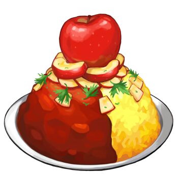 apple apple_slice artist_request curry curry_rice food food_focus fruit game_cg garnish herb nintendo no_humans official_art plate pokemon pokemon_swsh rice third-party_source transparent_background