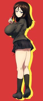 1girl absurdres ass black_hair blue_eyes blush breasts closed_mouth erakin full_body girls_und_panzer highres large_breasts long_hair looking_at_viewer microskirt military_uniform nonna_(girls_und_panzer) pravda_military_uniform red_background simple_background skirt solo