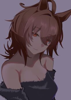 1girl absurdres agnes_tachyon_(umamusume) ahoge animal_ears bare_shoulders black_shirt breasts brown_hair cleavage closed_mouth commentary_request detached_sleeves fur_trim hair_between_eyes highres horse_ears horse_girl large_breasts looking_at_viewer medium_hair red_eyes sei_(bigaa) shirt smile solo strapless strapless_shirt umamusume