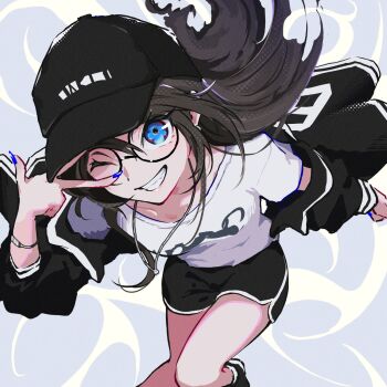 1girl black-framed_eyewear black_hair black_hat black_jacket blue_eyes commentary_request dolphin_shorts glasses goma_(gogo_gowa) grin hair_down hat highres idolmaster idolmaster_shiny_colors jacket leaning_forward mitsumine_yuika multicolored_jacket off-shoulder_jacket off_shoulder one_eye_closed round_eyewear shirt shorts smile solo two-tone_jacket v white_shirt