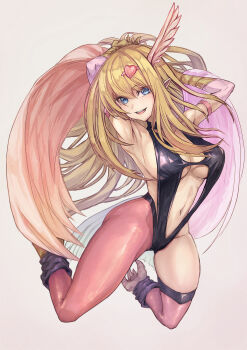 Rule 34 | 1girl, bare shoulders, blonde hair, blue eyes, breasts, claws, cleavage, duel monster, feathered wings, feathers, hair ornament, harpie girl (yu-gi-oh!), harpy, heart, heart hair ornament, highres, large breasts, long hair, monster girl, open mouth, pink feathers, pink wings, shouma (bravespiritya), solo, thighhighs, white background, winged arms, wings, yu-gi-oh!