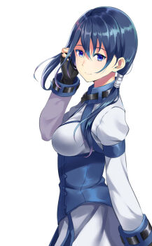 1girl black_gloves blue_eyes blue_hair breasts commentary_request fingerless_gloves gloves hai_to_gensou_no_grimgar hair_between_eyes huyumitsu long_hair long_sleeves looking_at_viewer medium_breasts merry_(grimgar) side_ponytail simple_background smile solo white_background
