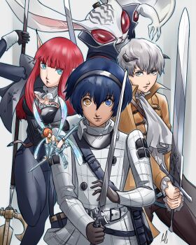 Rule 34 | 2girls, 3boys, absurdres, ascot, black gloves, black jacket, blue eyes, blue hair, brown jacket, closed mouth, commentary, creature, english commentary, fairy, fairy wings, gallica (metaphor: refantazio), gloves, grey eyes, grey hair, grey horns, hair over one eye, heismay (metaphor: refantazio), heterochromia, highres, horns, hulkenberg (metaphor: refantazio), jacket, long hair, metaphor: refantazio, mini person, minigirl, multiple boys, multiple girls, one eye covered, orange hair, pointy ears, protagonist (metaphor: refantazio), red eyes, short hair, size difference, smile, strohl (metaphor: refantazio), sword, weapon, white ascot, white jacket, wings, xeeoh, yellow eyes