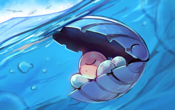 =_(9_yawbus) air_bubble bubble clamperl closed_eyes commentary_request day full_body gen_3_pokemon highres nintendo no_humans partially_underwater_shot pokemon pokemon_(creature) silhouette sleeping u_u water wingull