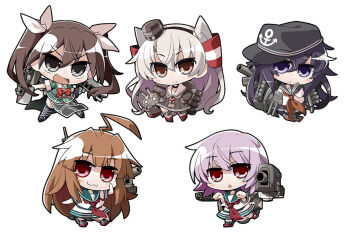 &gt;:d 10s 5girls :&lt; :3 :d ahoge akaneya akatsuki_(kancolle) amatsukaze_(kancolle) black_hair bow brown_eyes brown_hair chibi dress hair_ornament hair_ribbon hair_tubes kantai_collection kuma_(kancolle) long_hair machinery multiple_girls open_mouth purple_eyes purple_hair red_eyes rensouhou-kun ribbon sailor_dress school_uniform serafuku short_hair silver_hair simple_background smile tama_(kancolle) tone_(kancolle) triangle_mouth twintails two_side_up v-shaped_eyebrows white_background