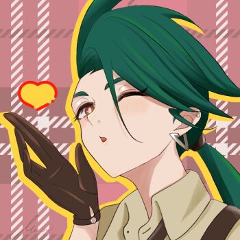 1girl ahoge androgynous asymmetrical_bangs black_gloves black_necktie blowing_kiss blush bright_pupils collared_shirt commentary ear_piercing earrings gloves green_hair heart jewelry long_hair marin_sub1 necktie nintendo one_eye_closed piercing pokemon pokemon_sv ponytail red_eyes reverse_trap rika_(pokemon) shirt solo suspenders symbol-only_commentary triangle_earrings upper_body white_pupils