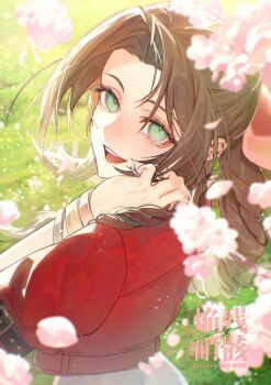 1girl aerith_gainsborough bangle bracelet braid braided_ponytail brown_hair cherry_blossoms cropped_jacket enshou_(namarien) falling_petals final_fantasy final_fantasy_vii final_fantasy_vii_rebirth final_fantasy_vii_remake flower green_eyes hair_ribbon hand_in_own_hair highres jacket jewelry long_hair looking_at_viewer open_mouth outdoors petals pink_flower pink_ribbon puffy_short_sleeves puffy_sleeves red_jacket ribbon short_sleeves sidelocks single_braid smile solo upper_body