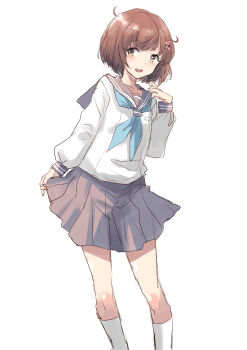 1girl brown_eyes brown_hair flower fuji_(pixiv24804665) hair_flower hair_ornament highres kantai_collection neckerchief sailor_collar school_uniform short_hair simple_background sketch skirt socks solo white_background white_socks yukikaze_(kancolle)