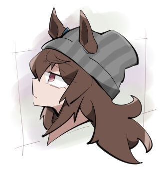 1girl beanie beer_hsk brown_hair cropped_shoulders ears_through_headwear from_side grey_hat hair_between_eyes hat long_hair nakayama_festa_(umamusume) profile purple_eyes solo striped_clothes striped_headwear umamusume vertical-striped_clothes vertical-striped_headwear