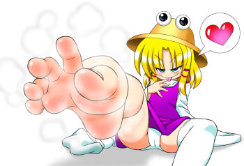 blonde_hair cameltoe dress feet foot_focus green_eyes kneehighs loli madou moriya_suwako naughty_face panties smell smelling smelling_feet smile socks soles solo spread_toes sweat thighhighs toes tongue tongue_out touhou underwear unworn_socks