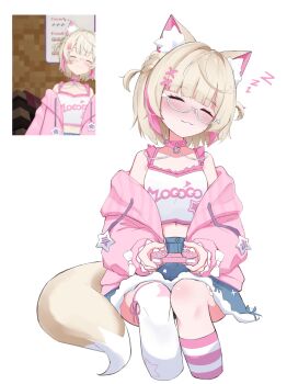1girl :3 absurdres animal_ears blonde_hair blue_skirt closed_eyes closed_mouth collar controller dog_ears dog_girl dog_tail frilled_shirt frills game_controller glasses highres holding holding_controller holding_game_controller hololive hololive_english jacket miixxc mococo_abyssgard mococo_abyssgard_(casual) multicolored_hair official_alternate_costume pink_collar pink_hair pink_jacket screenshot_inset semi-rimless_eyewear shirt short_hair simple_background single_thighhigh skirt sleeping socks solo streaked_hair striped_clothes striped_socks tail thighhighs virtual_youtuber white_background white_shirt white_thighhighs zzz