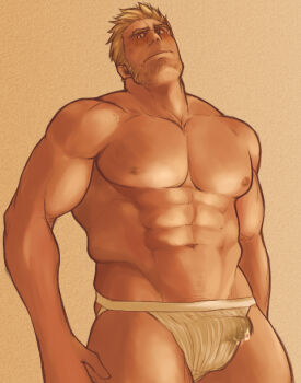 1boy abs bandaid bandaid_on_face bara beard_stubble biceps blonde_hair blush bulge cid_highwind closed_mouth collarbone commentary_request covered_testicles facial_hair final_fantasy final_fantasy_vii jockstrap magnum_feering male_focus male_underwear muscular muscular_male navel nipples pectorals precum precum_through_clothes stubble topless_male underwear white_male_underwear