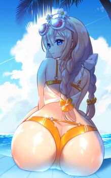 1girl alternate_costume ass ass_focus bare_shoulders bikini blonde_hair blue_eyes blush braid butt_crack flower from_behind goddess_of_victory:_nikke hair_flower hair_ornament highres huge_ass long_hair looking_at_viewer looking_back sitting smile solo sunglasses sunglasses_on_head swimsuit tove_(nikke) tove_(sunblaze)_(nikke) trhisell twin_braids very_long_hair