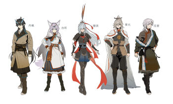 2girls 3boys alternate_costume animal_ear_fluff animal_ears armor baiheng_(honkai:_star_rail) black_boots blade_(honkai:_star_rail) boots cape chinese_armor closed_mouth commentary_request dan_feng_(honkai:_star_rail) dan_heng_(honkai:_star_rail) dan_heng_(imbibitor_lunae)_(honkai:_star_rail) dragon eastern_dragon fox_ears fox_girl full_body fur-trimmed_cape fur_trim grey_hair hand_on_own_hip high-cloud_quintet_(honkai:_star_rail) highres honkai:_star_rail honkai_(series) hoyofair jing_yuan jingliu_(honkai:_star_rail) long_hair looking_at_viewer multiple_boys multiple_girls pointy_ears ponytail purple_hair simple_background white_background white_cape white_hair wisda yingxing_(honkai:_star_rail)