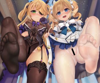 2girls absurdres bar_censor barbara_(genshin_impact) bare_shoulders black_pantyhose black_thighhighs blue_eyes blush bodystocking bow breasts brown_sleeves censored detached_collar detached_sleeves dress drill_hair eyepatch feet fischl_(genshin_impact) fishnet_bodystocking fishnets foot_focus foreshortening garter_straps genshin_impact gloves gluteal_fold green_eyes hair_over_one_eye highres huge_filesize legs long_hair looking_at_viewer medium_breasts multiple_girls nipples no_panties open_mouth pantyhose purple_bow purple_neckwear rkrk12 see-through_clothes single_thighhigh smile soles stepping thighhighs toes twintails two_side_up white_dress white_headwear white_legwear white_sleeves