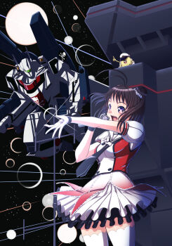 Rule 34 | 1girl, admiral (kancolle), black neckerchief, buttons, character request, commentary request, cowboy shot, crossover, double-breasted, frilled skirt, frills, gloves, kantai collection, macross, macross: do you remember love?, microphone, moke ro, music, naka (kancolle), naka kai ni (kancolle), neckerchief, red shirt, robot, sailor collar, sailor shirt, school uniform, serafuku, shirt, singing, skirt, thighhighs, white gloves, white sailor collar, white skirt, white thighhighs