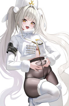 1girl absurdres armband black_armband black_pantyhose blanc_(fortune_express)_(nikke) blanc_(nikke) boots breasts bryuni coat commentary covered_navel crotch_seam front_slit fur-trimmed_boots fur-trimmed_sleeves fur_trim goddess_of_victory:_nikke grabbing_own_stomach hair_ornament hat highres long_hair long_sleeves no_pants official_alternate_costume open_mouth panties panties_under_pantyhose pantyhose pom_pom_(clothes) pom_pom_hair_ornament seamed_legwear simple_background small_breasts smile solo symbol-only_commentary underwear very_long_hair white_background white_boots white_coat white_hair white_hat white_panties winter_clothes winter_coat yellow_eyes