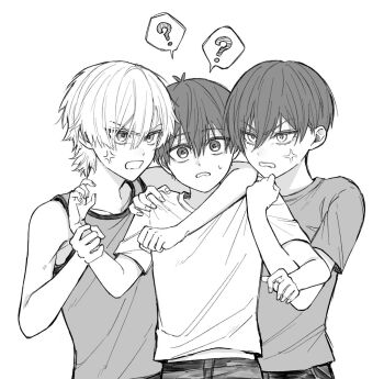 3boys ? anger_vein angry blue_lock clenched_teeth commentary_request greyscale hair_between_eyes highres isagi_yoichi itoshi_rin looking_at_viewer male_focus michael_kaiser monochrome multiple_boys shirt short_hair short_sleeves simple_background speech_bubble spoken_question_mark t-shirt tank_top teeth upper_body white_background worried yaoi zttin_sa