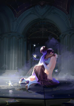 1boy 1girl absurdres arch between_legs black_eyes black_hair blue_nails blue_skin boots breasts clothed_female_nude_male coin_(ornament) colored_sclera colored_skin commentary covered_mouth earrings english_commentary extra_eyes fingernails floor frills from_side gate hair_ornament hands_on_another's_back hands_up hetero high_heel_boots high_heels highres indoors jewelry large_hands long_fingernails long_sleeves looking_at_another looking_away monster_boy nail_polish nude original own_hands_together pillar purple_hair see-through_clothes seiza sharp_fingernails shoe_soles sideways_glance sitting star_(symbol) steam summoning taro-k veins vest white_footwear yellow_sclera