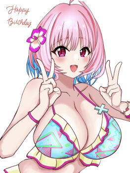 1girl absurdres advan_gt ahoge aqua_bikini bare_shoulders bikini blue_hair blush bracelet breasts collarbone colored_inner_hair double_v fanged_bangs fangs flower frilled_bikini frills hair_flower hair_ornament happy_birthday hibiscus highres huge_breasts idolmaster idolmaster_cinderella_girls idolmaster_cinderella_girls_starlight_stage jewelry looking_at_viewer medium_hair multicolored_hair open_mouth pink_eyes pink_flower pink_hair pink_lips simple_background smile solo swimsuit triangle_print two-tone_hair v white_background wristband yumemi_riamu