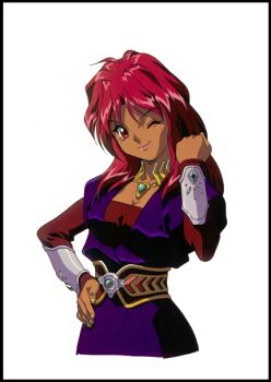 Rule 34 | 1990s (style), 1girl, black border, border, bracer, breasts, cleavage, clenched hand, cropped torso, dark-skinned female, dark skin, eberouge, gold choker, hand on own hip, long hair, long sleeves, looking at viewer, non-web source, official art, one eye closed, red eyes, red hair, retro artstyle, simple background, smile, solo, white background