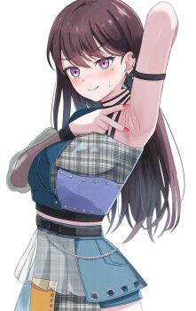 1girl absurdres armlet armpits azakura_(beniyomogi) bang_dream! bang_dream!_it&#039;s_mygo!!!!! blush brown_hair closed_mouth commentary_request ear_piercing earrings highres jewelry linked_piercing long_hair long_sleeves looking_at_viewer mole mole_under_eye nail_polish piercing presenting_armpit purple_eyes red_nails see-through_clothes see-through_sleeves shiina_taki simple_background solo spread_armpit wavy_mouth white_background