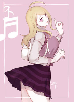 1girl ahoge akamatsu_kaede artist_name backpack bag beamed_sixteenth_notes blonde_hair breasts cowboy_shot danganronpa_(series) danganronpa_v3:_killing_harmony eighth_note flat_sign highres index_finger_raised large_breasts long_hair looking_at_viewer lovi_(momoko37) musical_note pink_background pink_eyes pleated_skirt purple_skirt randoseru school_uniform signature skirt smile solo striped_clothes striped_skirt sweater_vest