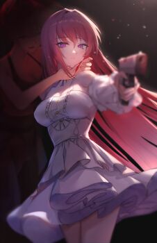 Rule 34 | 2girls, absurdres, black background, blurry, blurry foreground, breasts, commentary, crying, depth of field, dorothy (nikke), dress, english commentary, goddess of victory: nikke, gun, hair intakes, handgun, highres, holding, holding gun, holding weapon, long hair, maviss 03, medium breasts, multiple girls, pink hair, pinne (nikke), purple eyes, simple background, tears, weapon, white dress