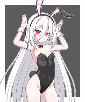 1girl albino animal_ear_hairband animal_ears aqua_background black_bow black_bowtie black_leotard blue_archive bow bowtie breasts chagama_(tyagama0927) commentary_request contrapposto cowboy_shot detached_collar fake_animal_ears grey_background hairband half_updo kei_(blue_archive) kei_(new_body)_(blue_archive) leotard long_hair looking_at_viewer playboy_bunny rabbit_ears rabbit_pose rabbit_tail red_eyes ringed_eyes small_breasts solo standing strapless strapless_leotard tail two-tone_background variant_set very_long_hair white_bow white_bowtie white_hair white_leotard wrist_cuffs