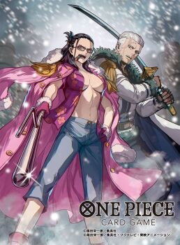 1boy 1girl black_hair boots brown_gloves cigar coat coat_on_shoulders commentary_request copyright_name dutch_angle epaulettes fur-trimmed_jacket fur_trim glasses glint gloves hair_bun half_updo hand_on_own_hip holding holding_sword holding_weapon jacket jitte long_hair moreshan navel official_art one_piece one_piece_card_game open_clothes open_shirt outdoors pink_coat smoker_(one_piece) snowing stitched_face stitches sword tashigi undercut weapon white_hair