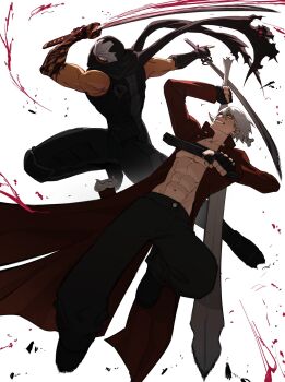 belt_bra black_scarf coat commentary crossover dante_(devil_may_cry) devil_may_cry devil_may_cry_(series) devil_may_cry_3 dragon_sword ebony_&amp;_ivory english_commentary fingerless_gloves gloves highres holding holding_sword holding_weapon katana male_focus mask masked mouth_mask multiple_boys muscular ninja ninja_gaiden ninja_mask omegaa_7 rebellion_(sword) red_coat ryu_hayabusa scarf sword weapon white_hair